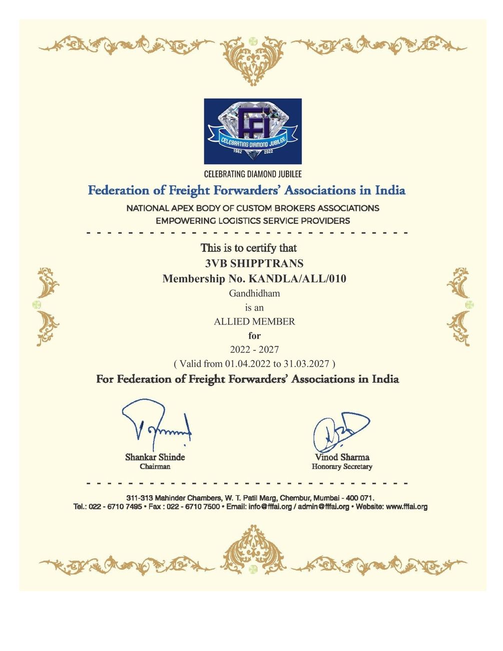 FFFAI membership certificate of 3VB ShippTrans