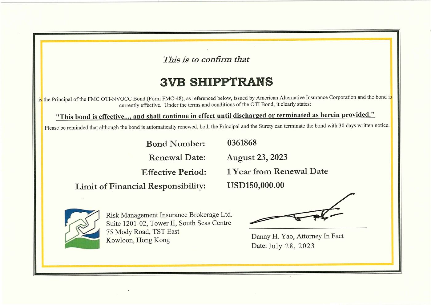 US Federal Maritime Commission (FMC) bond certificate of 3VB ShippTrans